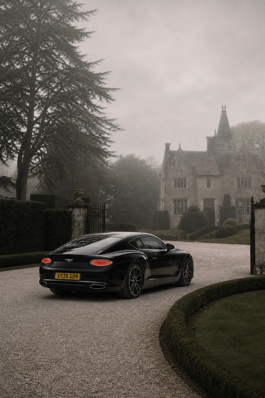 A Bentley grand tourer with a UK registration plate at an English country estate