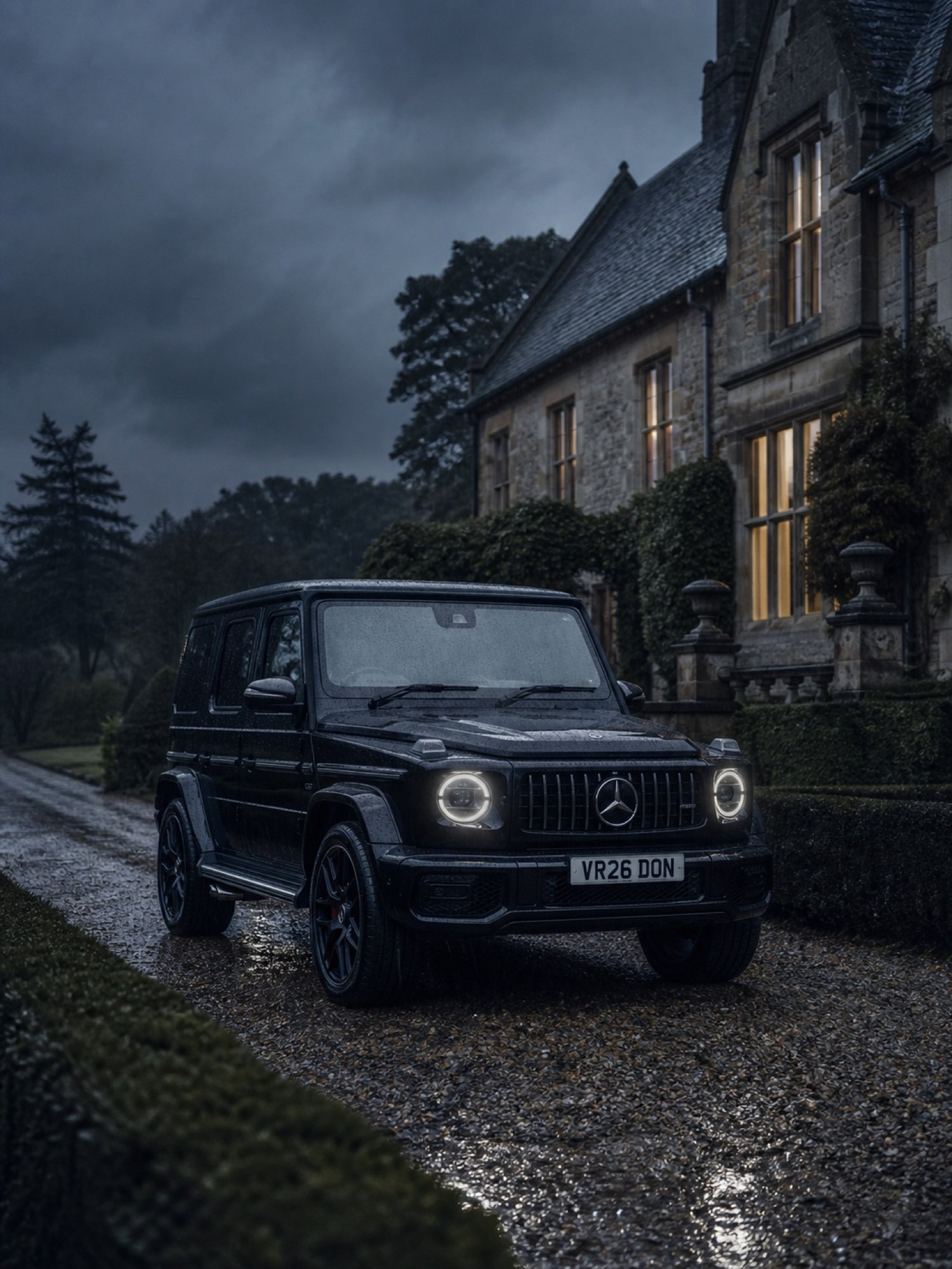 A black Mercedes-AMG G-Wagon at a rain-soaked UK country property